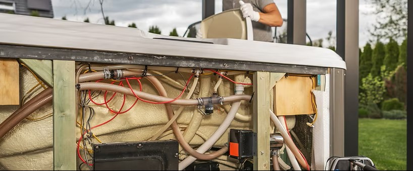 Technician repairing a hot tub pump